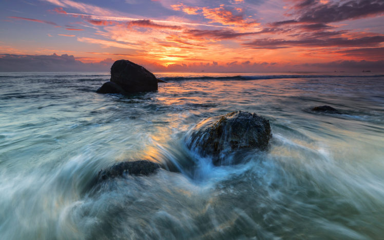 ocean, Clouds, Sunset, Rocks, Stones, Sea, Sky, Waves, Exposure HD Wallpaper Desktop Background