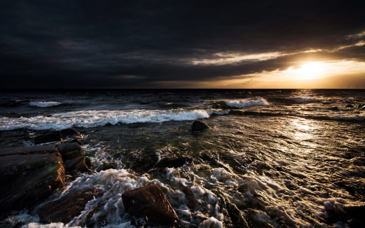 ocean, Sunlight, Rocks, Stones, Sea, Sunset, Sunrise, Waves, Sky, Clouds HD Wallpaper Desktop Background