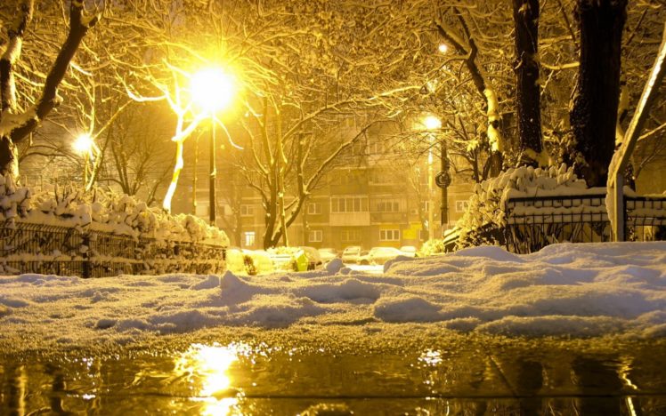 photography,  , Winter, Night, Lights, Reflection, Snow HD Wallpaper Desktop Background