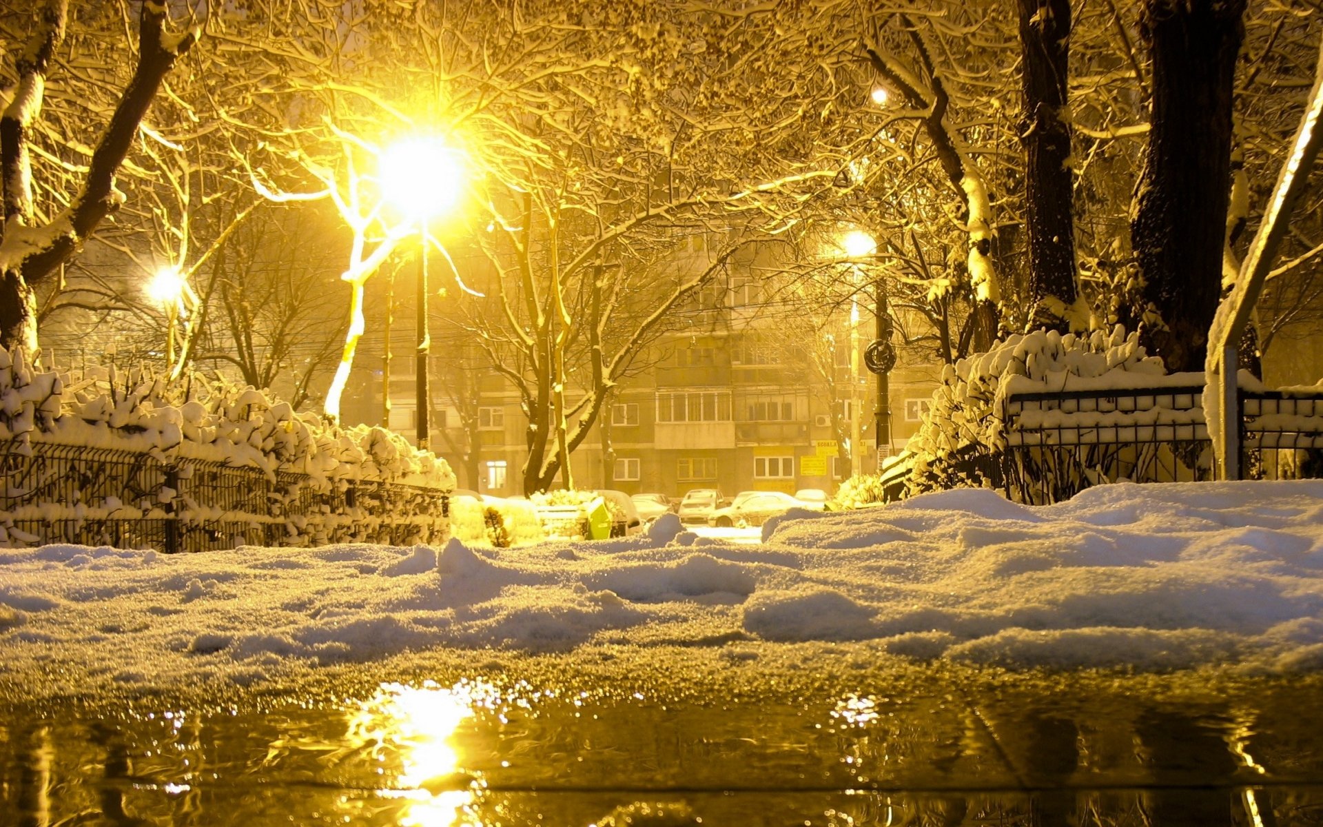 photography,  , Winter, Night, Lights, Reflection, Snow Wallpaper