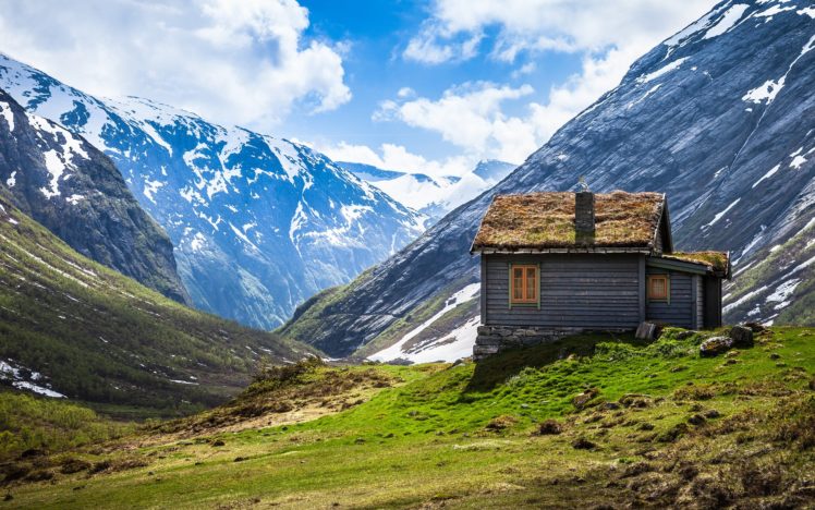 cabin, Mountain, Nature, Snow, Home, Grass, Landscape, Sky HD Wallpaper Desktop Background