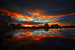 lake, Reflection, Sky, Sunset, Red, Tree