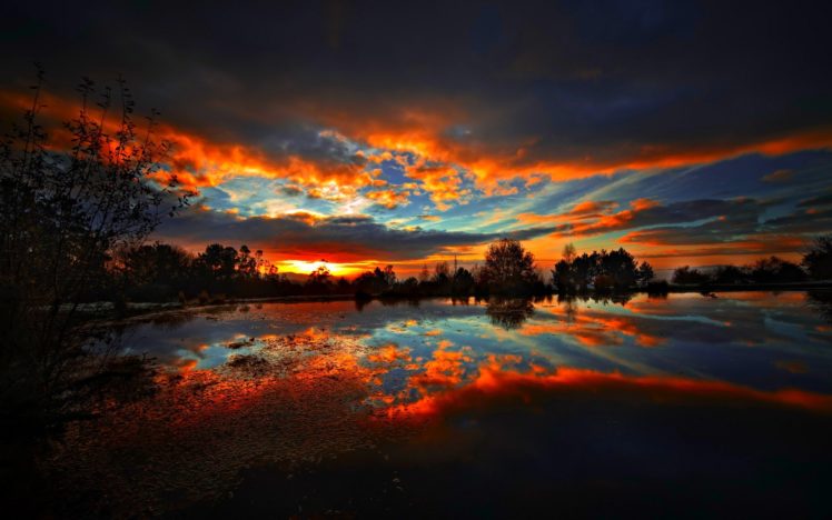lake, Reflection, Sky, Sunset, Red, Tree HD Wallpaper Desktop Background