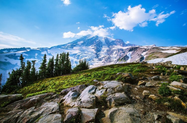 earth,  , Mountain, Tree, Clouds, Blue, Grass, Snow, Summit, Sunshine HD Wallpaper Desktop Background