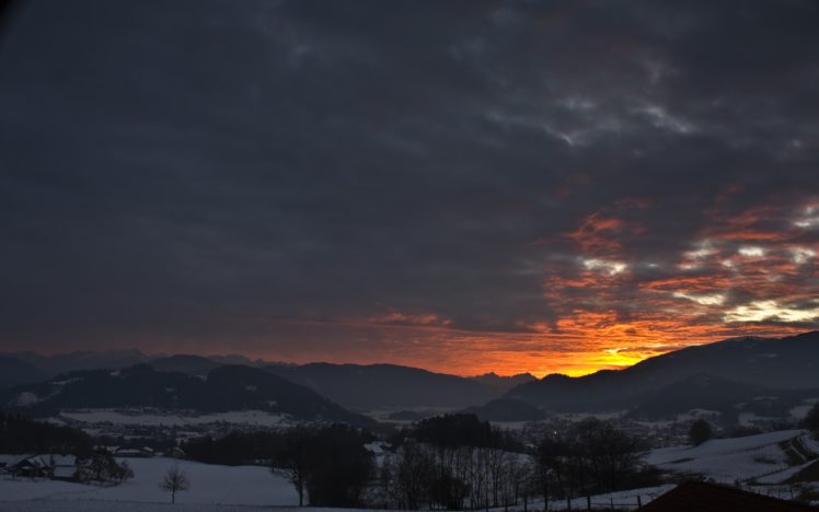 earth, Landscape, Red, Clouds, Mountain, Snow, Winter, Trees, Sunset, Beautiful HD Wallpaper Desktop Background
