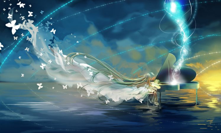 anime, Series, Character, Sea, Sky, Dress, Piano, Vocaloid HD Wallpaper Desktop Background