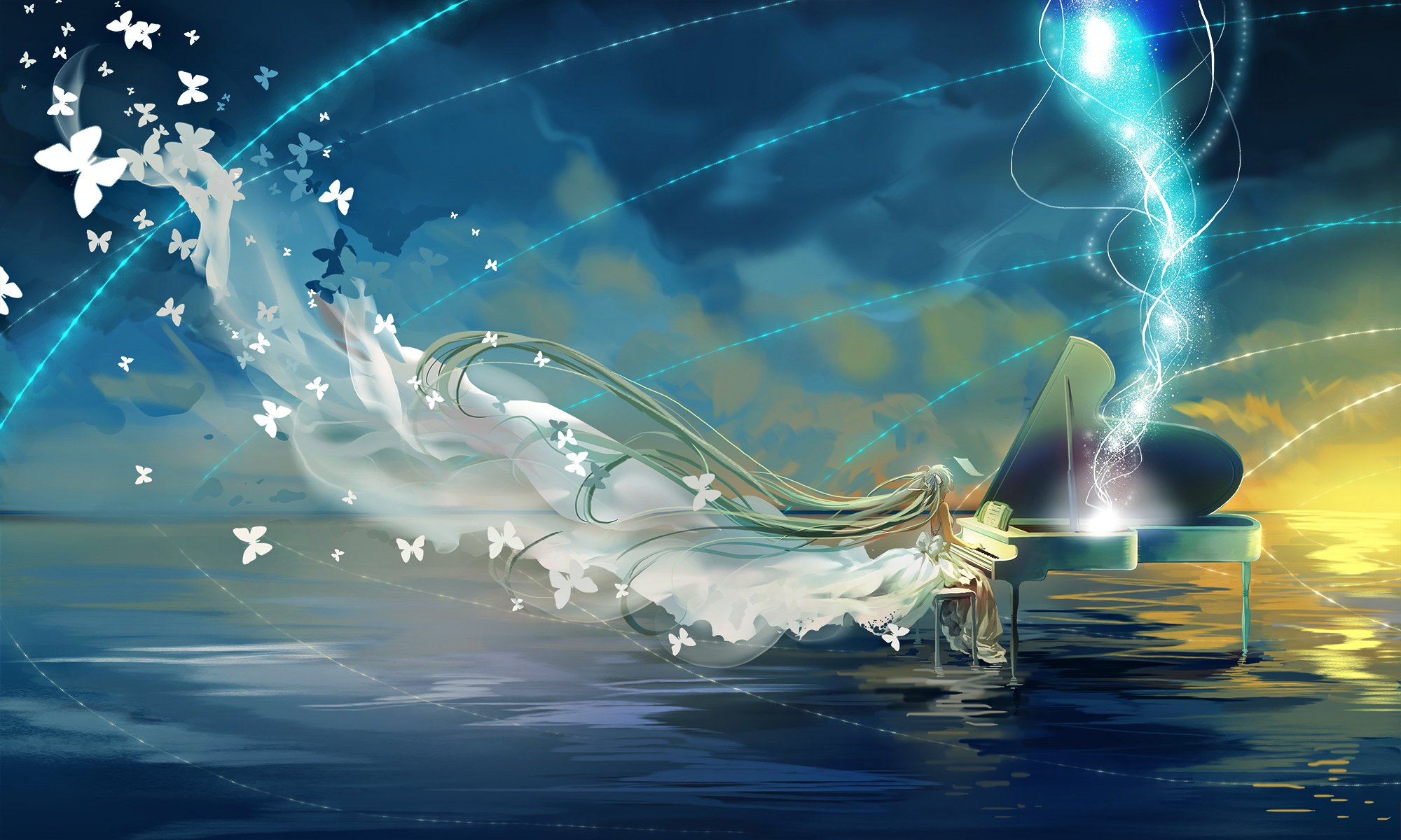 anime, Series, Character, Sea, Sky, Dress, Piano, Vocaloid Wallpaper