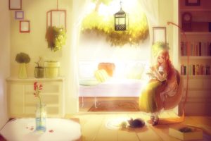 room, Book, Girl, Window, Sunlight, Cat, Anime, Flower