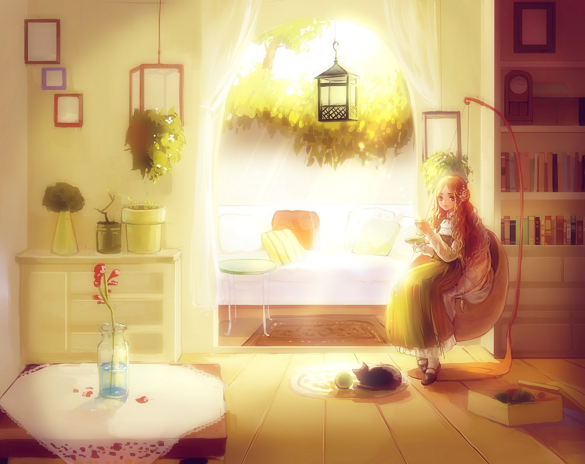room, Book, Girl, Window, Sunlight, Cat, Anime, Flower Wallpaper
