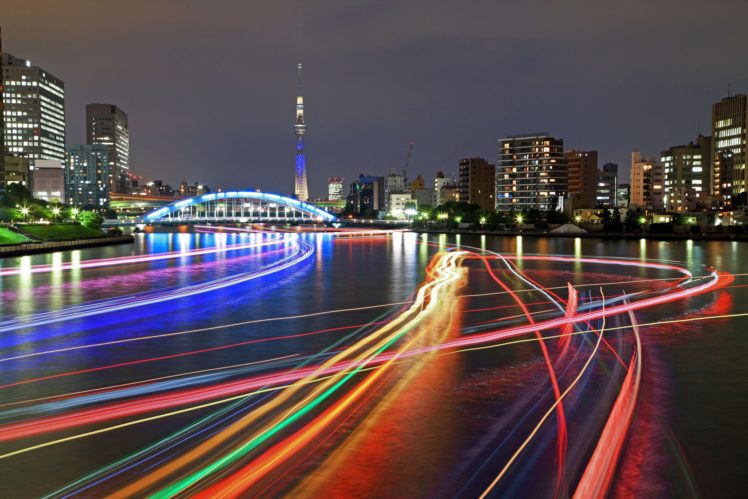 japan, Japon, Architecture, Bridges, Freeway, Building, Cities, Monuments, Night, Panorama, Panoramic, Rivers, Tower, Towers, Tokyo, Ray, Light HD Wallpaper Desktop Background