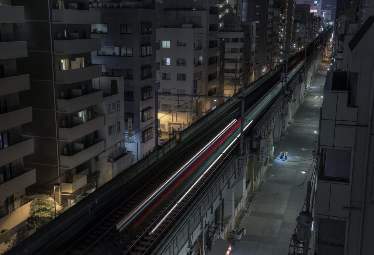 japan, Japon, Architecture, Bridges, Freeway, Building, Cities, Monuments, Night, Panorama, Panoramic, Rivers, Tower, Towers, Tokyo, Ray, Light, Rail, Train HD Wallpaper Desktop Background