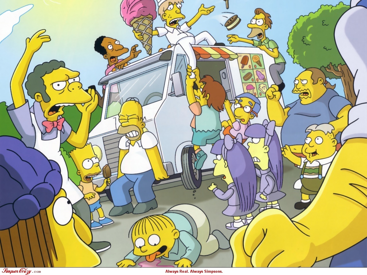 cartoons, Ice, Cream, Riot, Homer, Simpson, The, Simpsons, Bart, Simpson, Ralph, Wiggum, Comic, Book, Guy, Moe, Szyslak, Milhouse, Van, Houten, Nelson Wallpaper