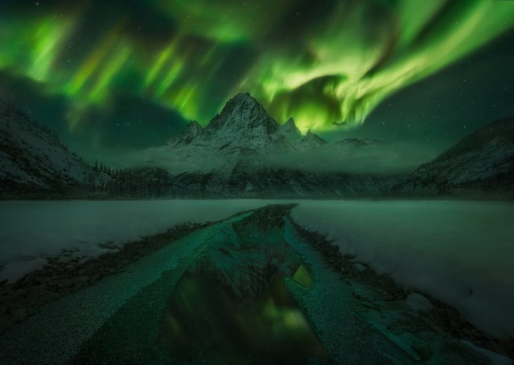 northern, Lights, Mountains, Night, Canada, Sun, Solar, Flare, Sky HD Wallpaper Desktop Background