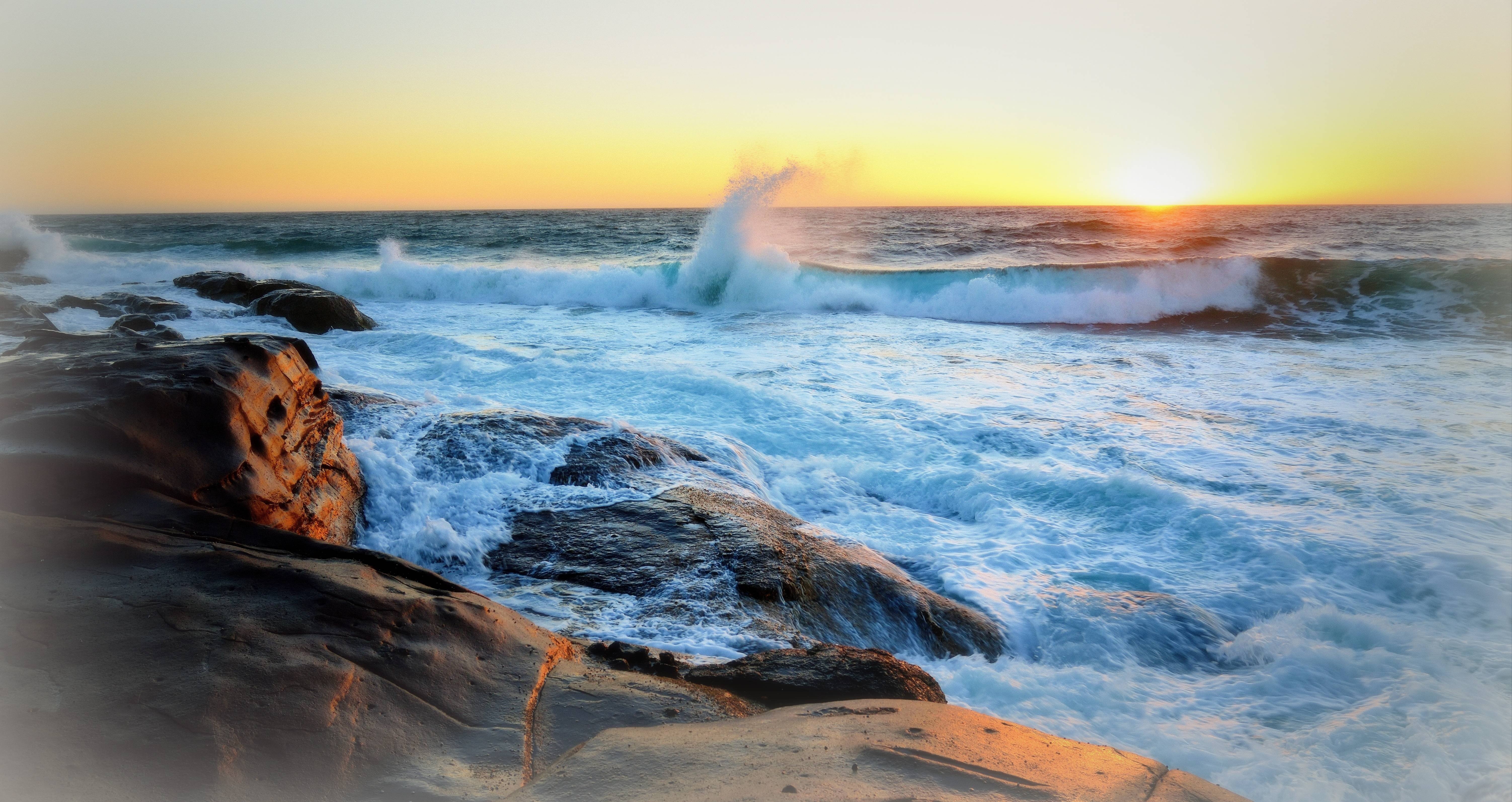 sunset, Sea, Rocks, Waves, Landscape Wallpaper