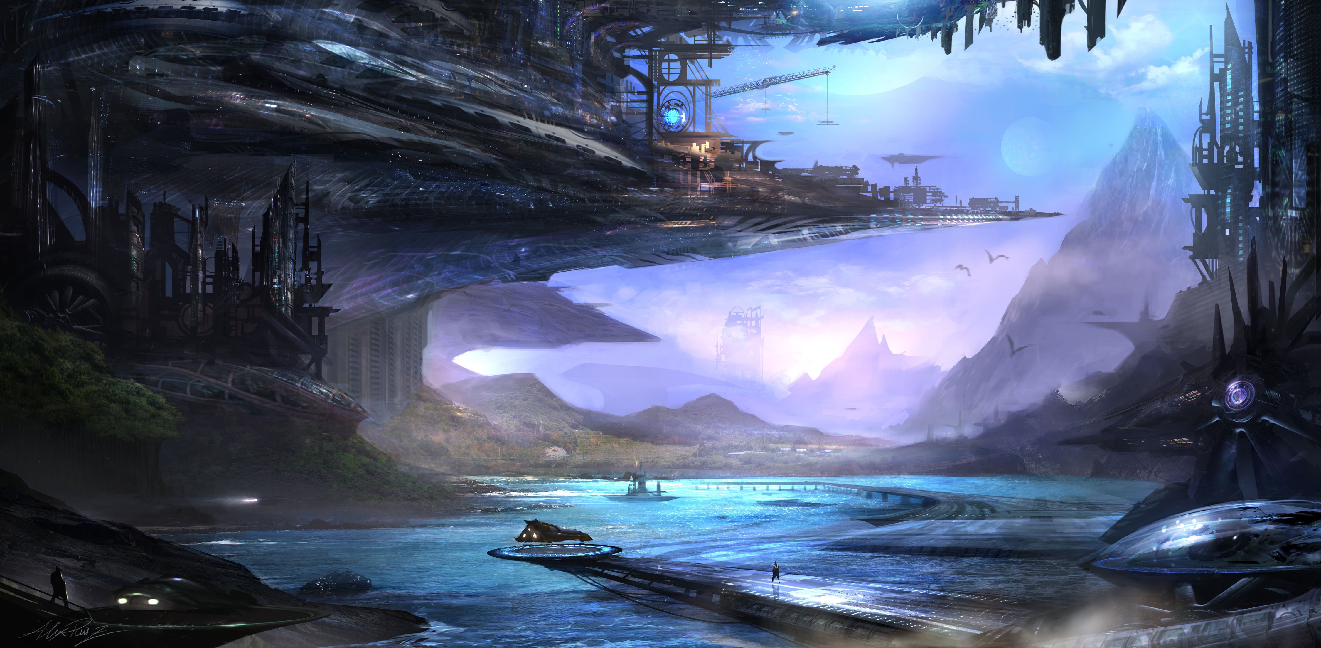 future, The, Sky, Mountains, Rivers, Trees, Science, Fiction, Fantasy, Spaceship, Futuristic Wallpaper