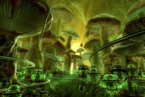 green, Cityscapes, Valley, Mushrooms, Fantasy, Art, Spaceships, City, Lights, Science, Fiction, Vehicles, Transports, Fungus, Cities
