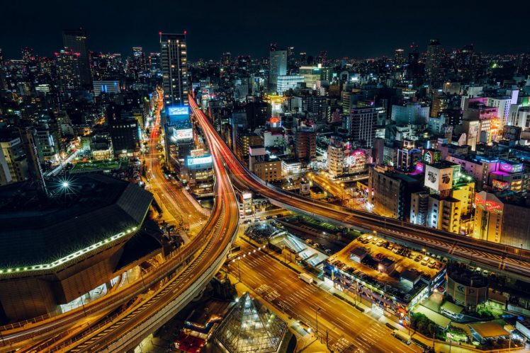 architecture, Asia, Asian, Asians, Buildings, City, Citylife, Cityscapes, Japan, Skyline, Skylines, Skyscrapers, Night, Light, Osaka HD Wallpaper Desktop Background