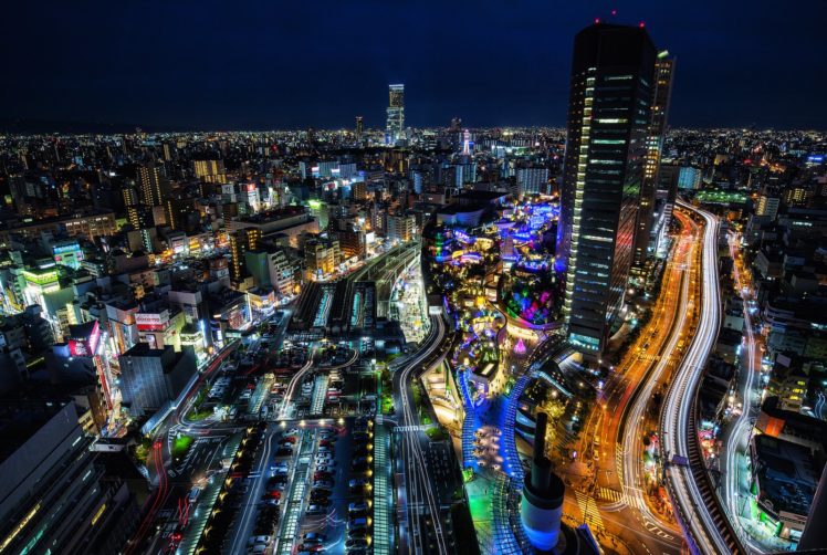architecture, Asia, Asian, Asians, Buildings, City, Citylife, Cityscapes, Japan, Skyline, Skylines, Skyscrapers, Night, Light, Osaka HD Wallpaper Desktop Background