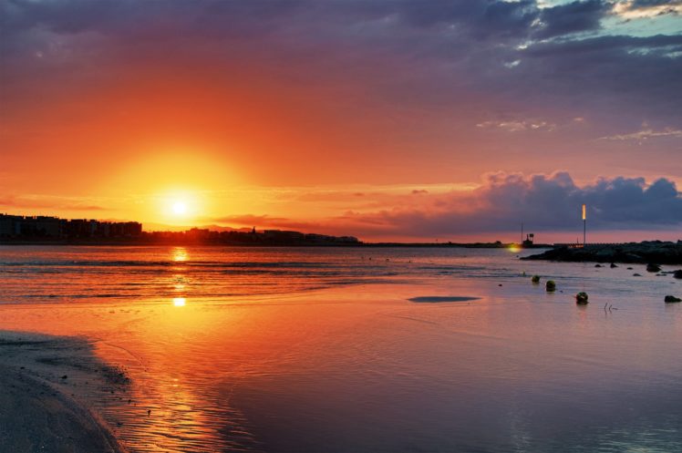 beach, Sky, Sunset, Sun, Trees, Lake, Clouds, Colour, Color, Sea, Landscape HD Wallpaper Desktop Background