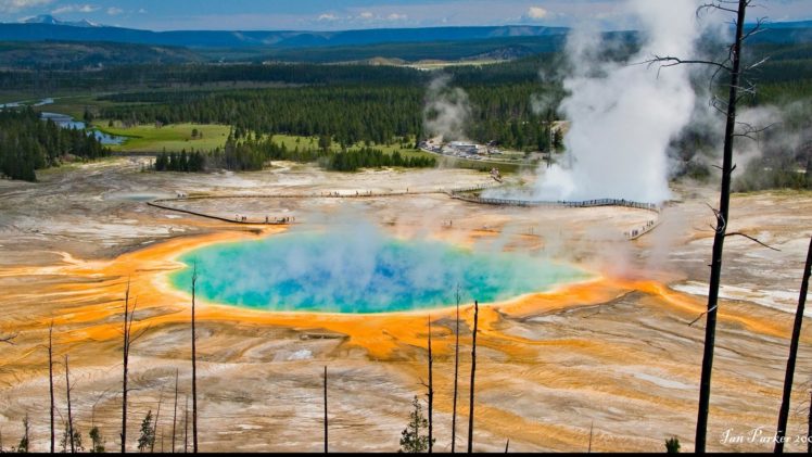 yellowstone national park usa the grand prismatic spring photographed HD Wallpaper Desktop Background