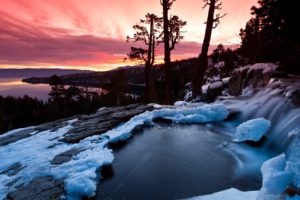 sunset, Ice, Landscapes, Nature, Winter, Trees, Lakes, Waterfalls