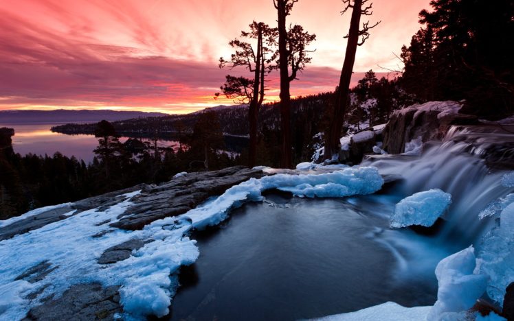 sunset, Ice, Landscapes, Nature, Winter, Trees, Lakes, Waterfalls HD Wallpaper Desktop Background