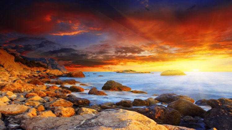 landscape, Sea, Sunset, Sun, Clouds, Sunlight, Sunshine HD Wallpaper Desktop Background
