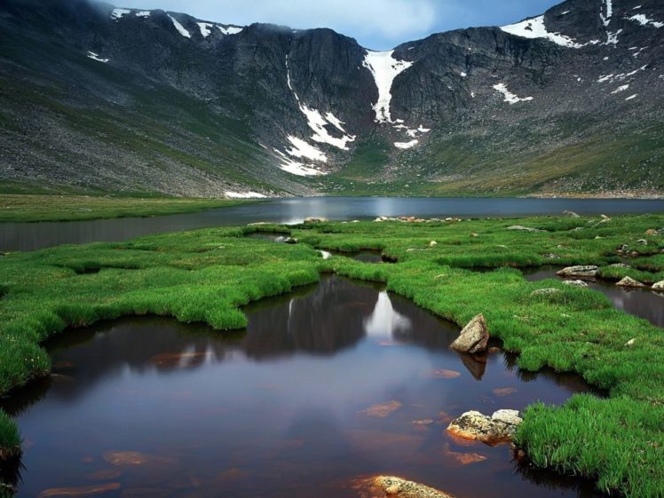 landscape, Lake, Grass, Clouds, Mountain, Sky HD Wallpaper Desktop Background