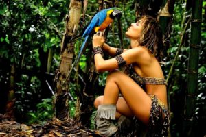 sensuality,  , Amazona, Pretty, Girl, Jungle, Parrot