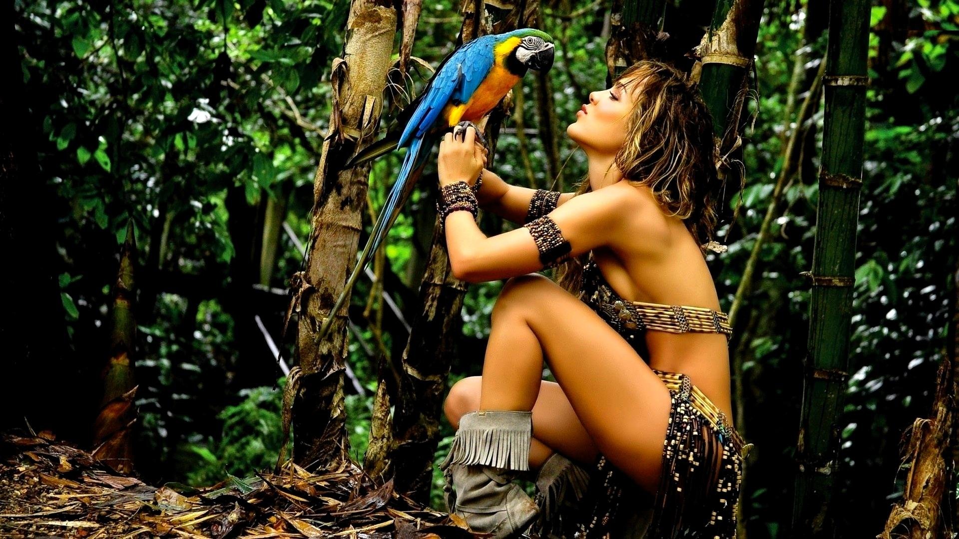 sensuality,  , Amazona, Pretty, Girl, Jungle, Parrot Wallpaper