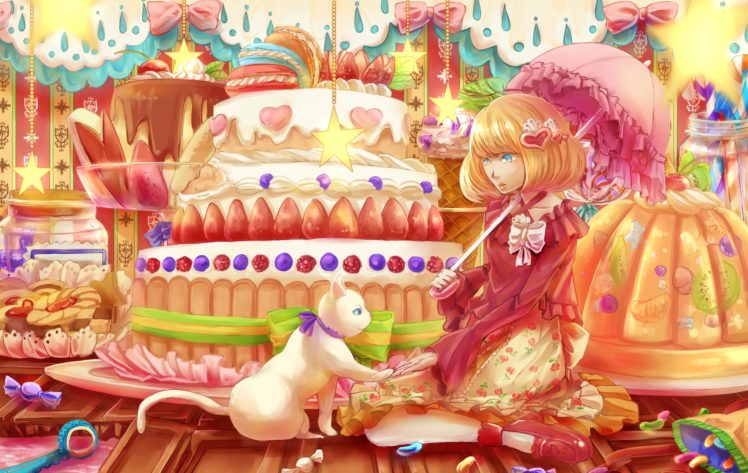 23ichiya, Animal, Cake, Cat, Original, Umbrella HD Wallpaper Desktop Background