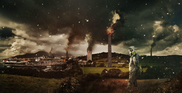 apocalyptic, Sky, Clouds, Smoke, Fantasy, Cities, Buildings, Sci fi, Dark, Gas, Mask HD Wallpaper Desktop Background