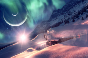 aurora, Borealis, Northern, Lights, Cabin, Snow, Winter, Planets, Stars, Trees, Sky, Fantasy, Buildings, Houses, Sci fi