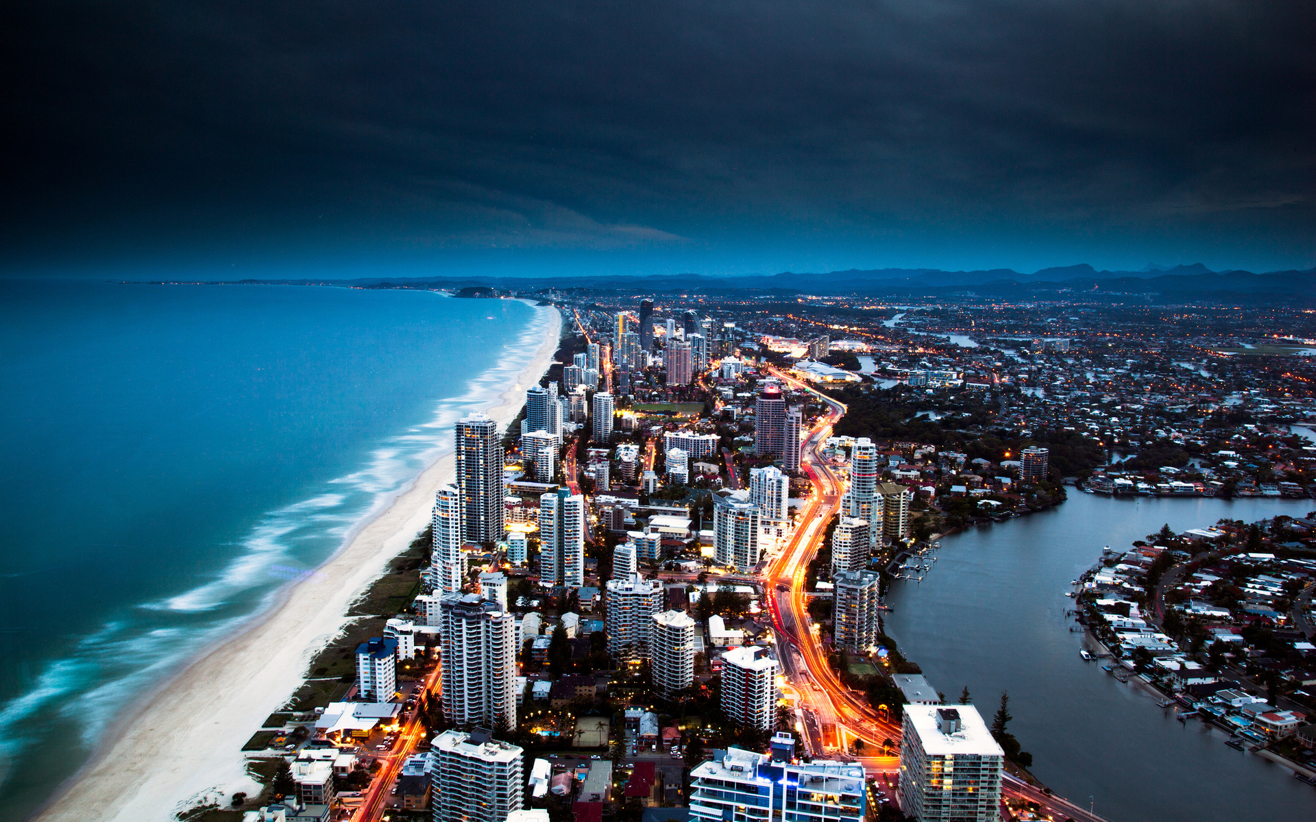 australia, Ocean, Gold, Coast, Hotels, Sea, Beaches, Buildings, Skyscrapers, Hdr, Night, Lights, Roads Wallpaper