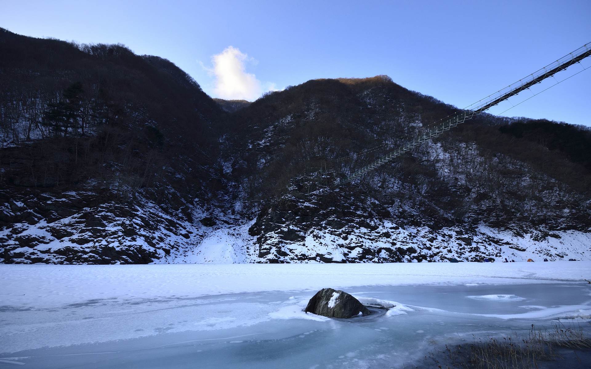 bridge, Winter, Snow, Rivers, Ice, Landscapes, Mountains Wallpaper