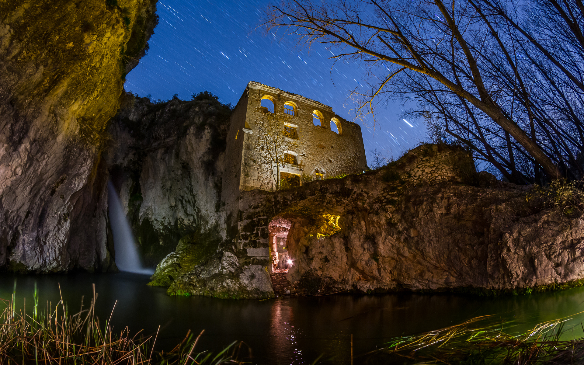 building, Waterfall, Stars, Night, Timelapse, Trees, Pond, Sky, Trees, Reflection, Lights Wallpaper
