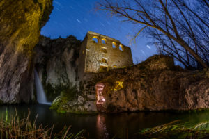 building, Waterfall, Stars, Night, Timelapse, Trees, Pond, Sky, Trees, Reflection, Lights