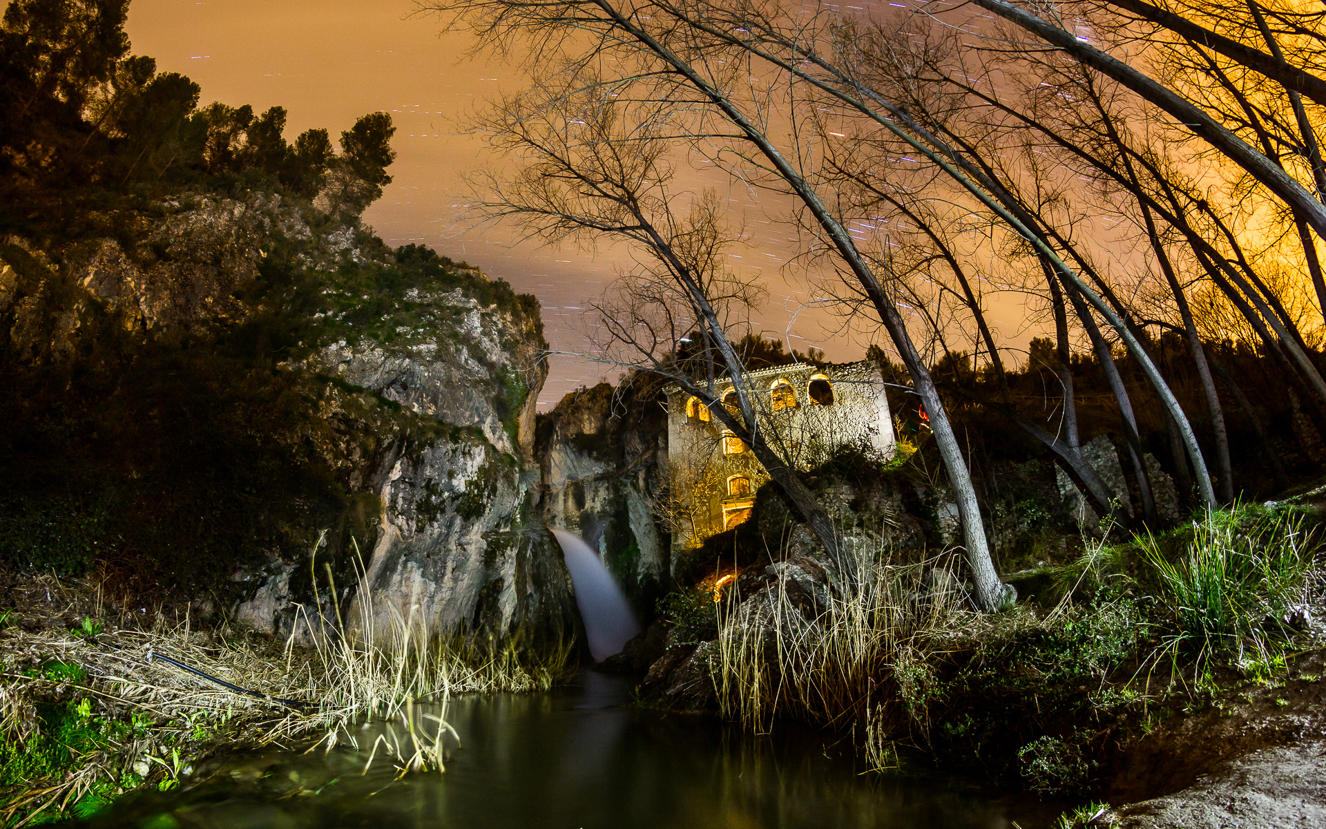 building, Waterfall, Stars, Timelapse, Night, Trees, Landscapes, Sky Wallpaper