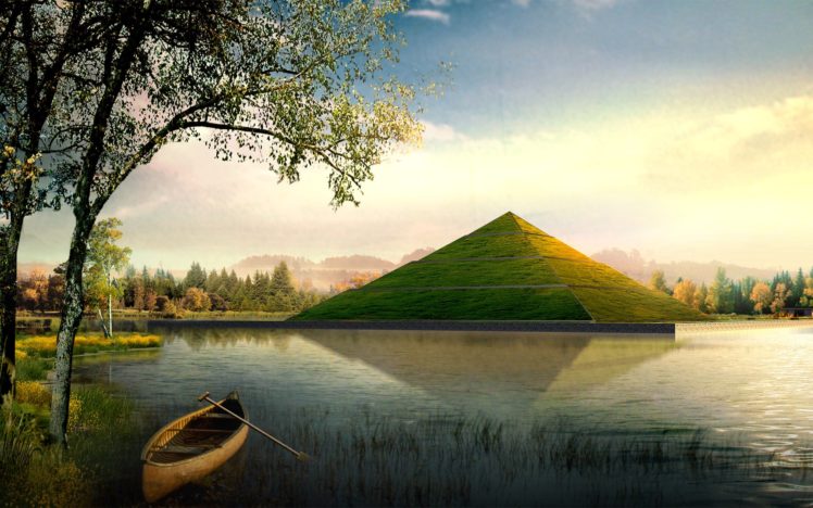 nature, Grass, Digital, Art, Lakes, Canoe, Pyramids HD Wallpaper Desktop Background