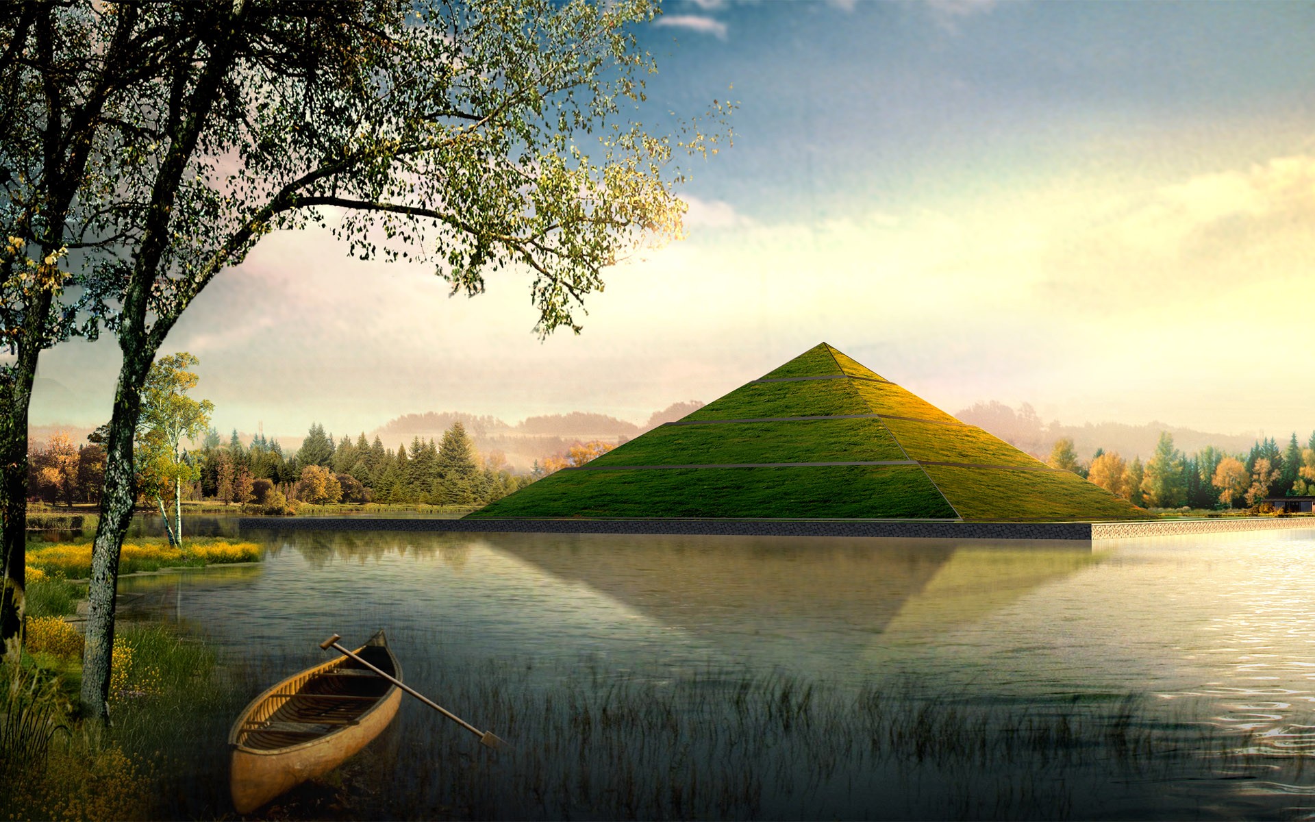 nature, Grass, Digital, Art, Lakes, Canoe, Pyramids Wallpaper