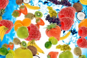 berries, Fruits, Raspberries, Bananas, Kiwi, Strawberry, Lemon, Apple, Pineapple, Coconut, Grapes, Water, Bubbles