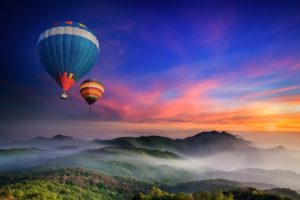 balloons, Mountains, Forest, Fog, Morning