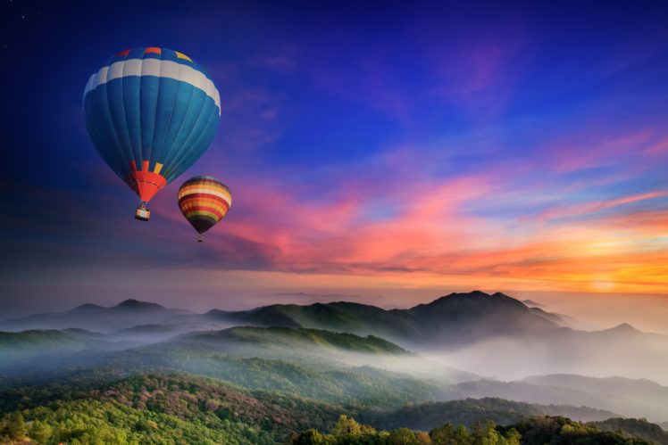 balloons, Mountains, Forest, Fog, Morning HD Wallpaper Desktop Background