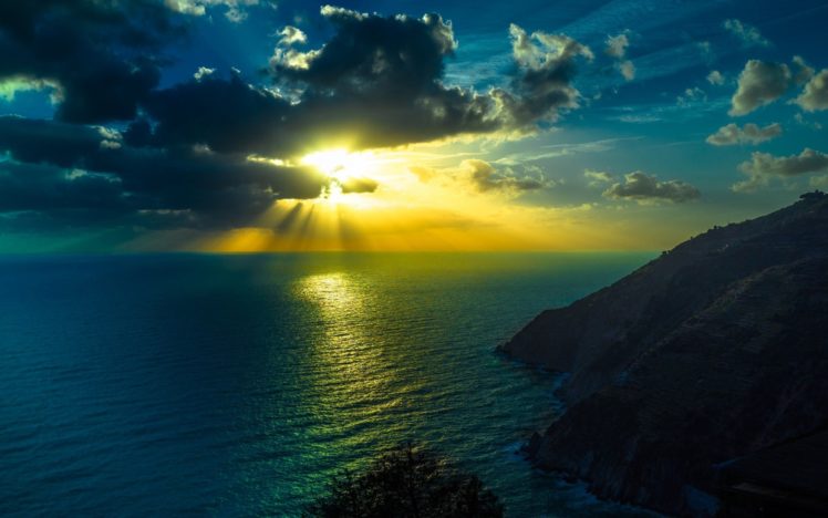 sunset, Ocean, Sky, Clouds, Sun, Rays HD Wallpaper Desktop Background