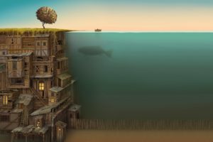 underwater, Houses, Fantasy