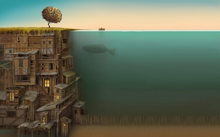 underwater, Houses, Fantasy HD Wallpaper Desktop Background