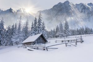 winter, Snow, House, Mountains