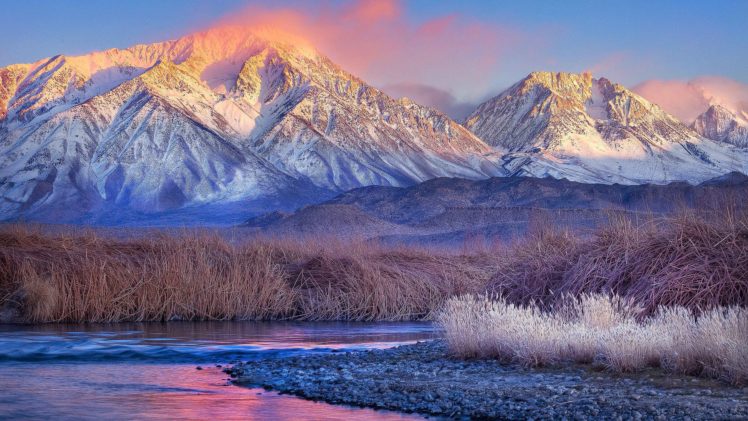 winter, Snow, River, Mountains HD Wallpaper Desktop Background