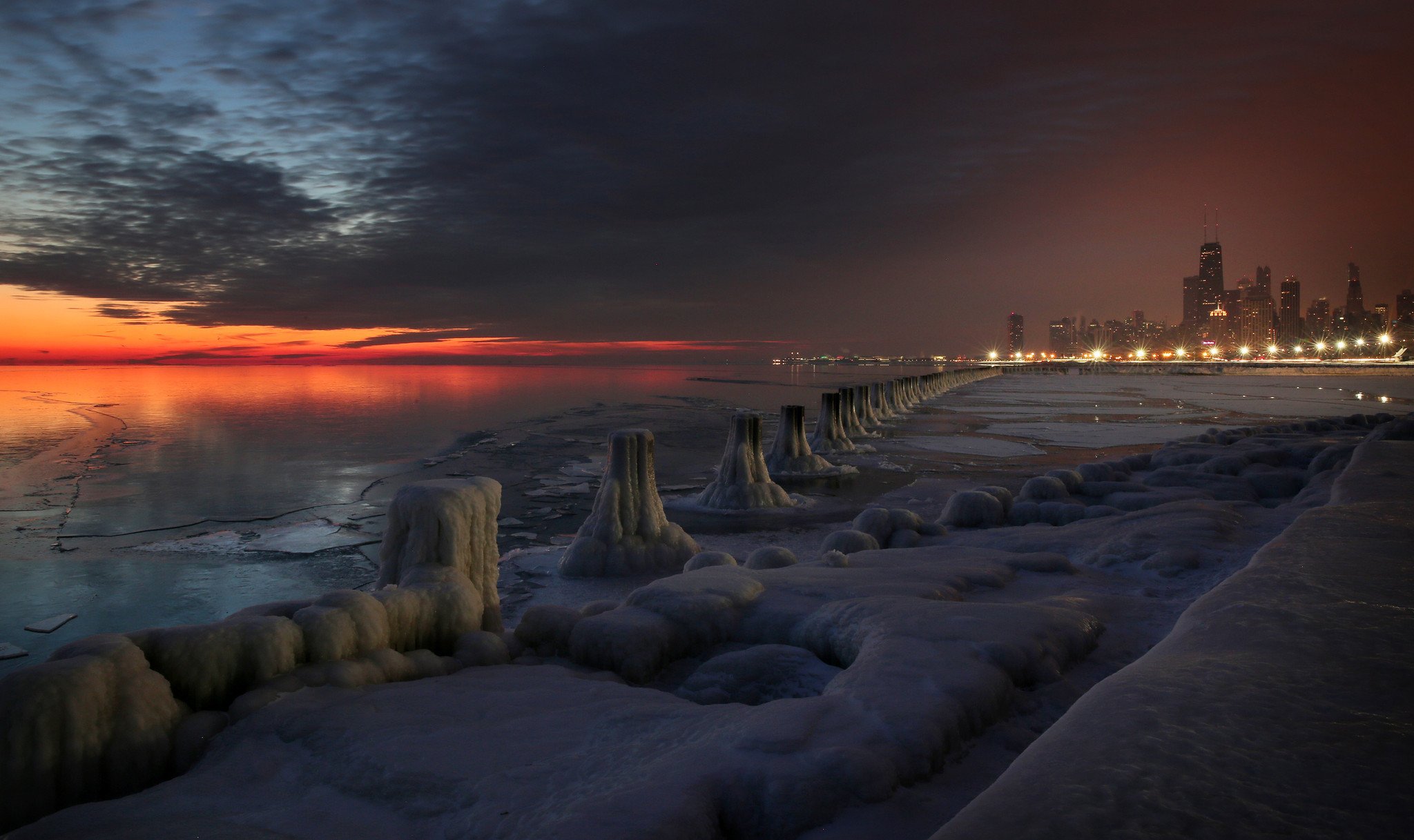 winter, Snow, Lake, City, Chicago, Sunset Wallpaper