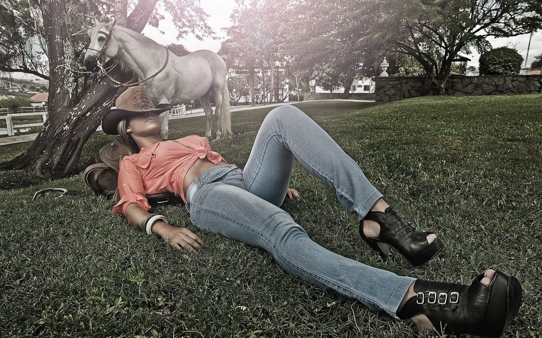 sensuality,  , Cowgirl, Girl, Jeans, Hat, Shoes, Horse Wallpaper